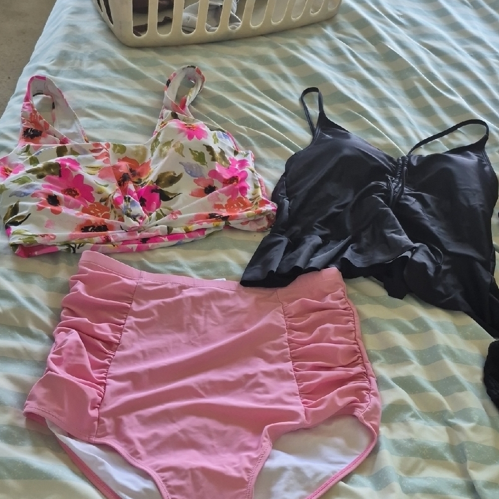 Floral & Black Bikini Tops with Pink High-Waist Bottoms